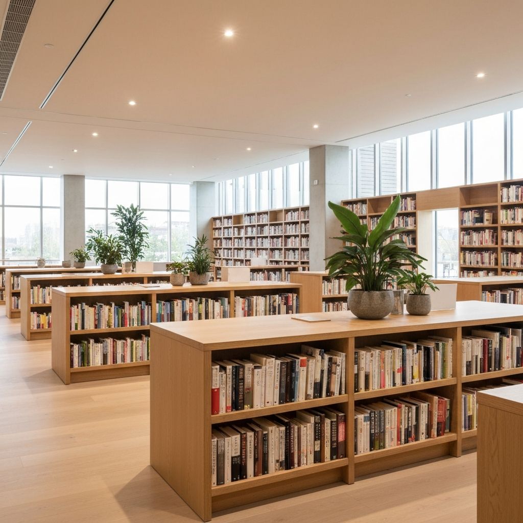 Modern, minimalista könyvtárterem természetes fénnyel, fa asztalok és rendezett polcok sorakoznak a tágos helyiségben, nyugodt és szellős munkakörnyezet