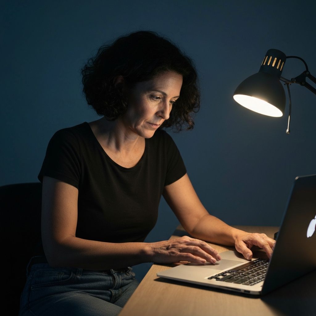 Személy laptopképernyő előtt ülve tompa megvilágítású szobában, keze az asztalon pihen, sötétkék háttér és monitor fénye a szobában