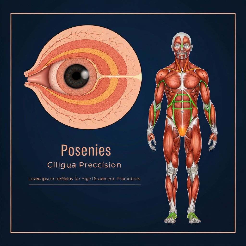 Stilizált anatómiai ábra: szem keresztmetszetének sematikus illusztrációja sötétkék alapon, narancs és zöld vonalakkal jelölt izomkötegek, szimmetria és részletgazdagság