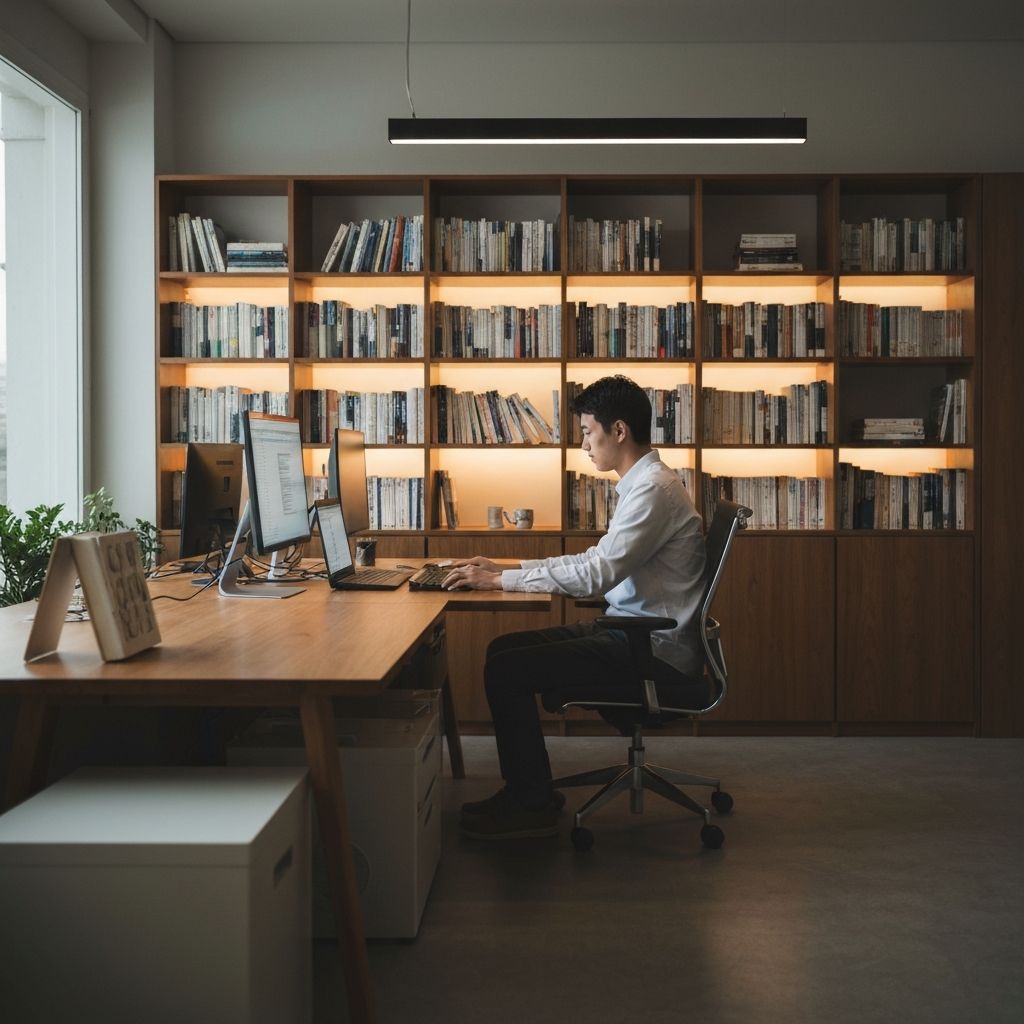 Ergonomikusan berendezett irodai munkahely természetes fénnyel, fa asztallal, monitorra pillantó személy háta mögött kellemes könyvespolc, meleg fény